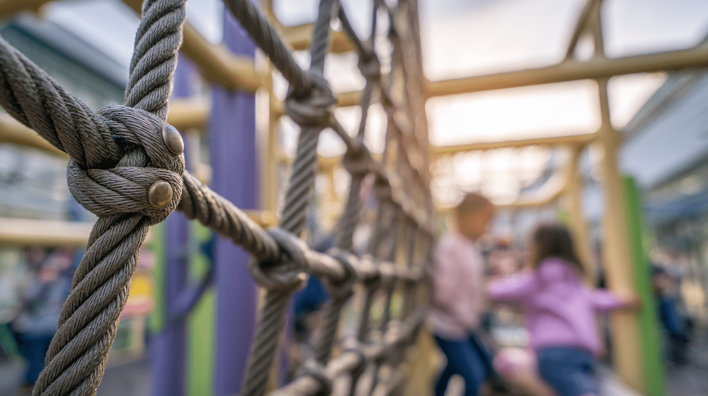 Detail van een klimnet met stevige knopen en metalen verbindingen, met spelende kinderen op de achtergrond &mdash; symbool voor fysieke en sociale verbinding in een speelse omgeving.