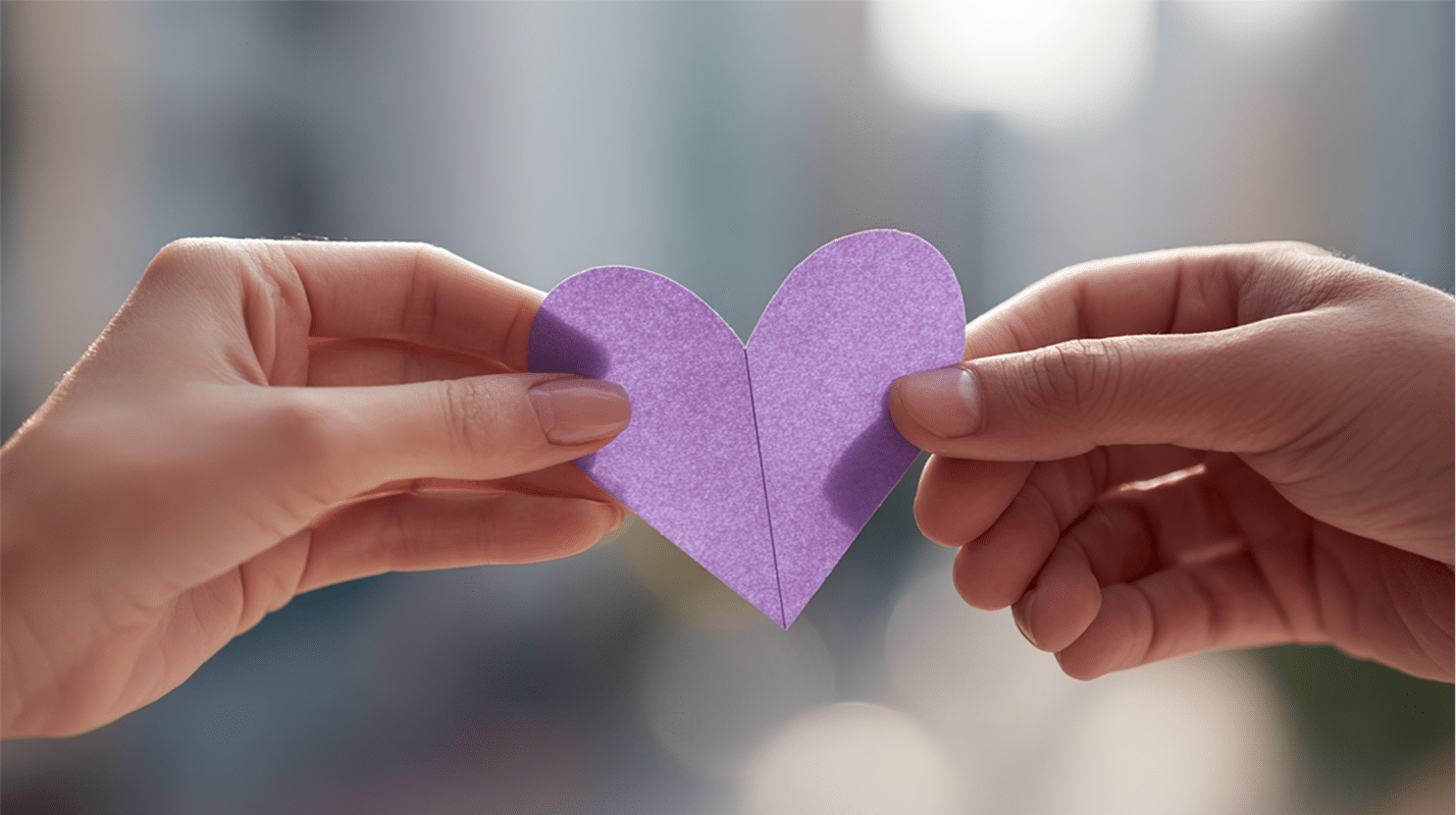 Twee handen houden samen een paars papieren hart vast, met een zachte buitenachtergrond &mdash; symbool voor verbinding, samenwerking en zorg.